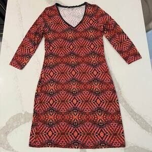 Sandwich Long Sleeve V-Neck Knee Length Stretchy Dress Women's Small Pink/Orange